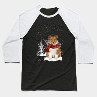 Christmas Shetland Sheepdog With Scarf In Winter Forest Baseball T-Shirt